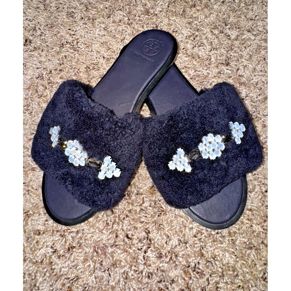 Tory Burch Black Fuzzy Sandals with White Floral Accents
